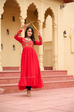 Thumbnail for Prazu Fashion Red Rayon With Kutchi Gamthi Work Navratri Kurti