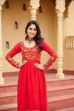 Thumbnail for Prazu Fashion Red Rayon With Kutchi Gamthi Work Navratri Kurti