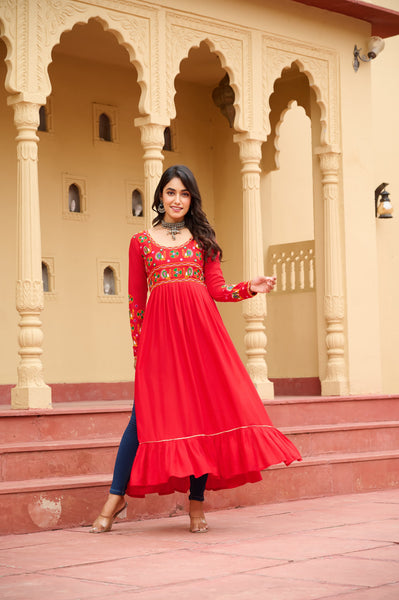 Prazu Fashion Red Rayon With Kutchi Gamthi Work Navratri Kurti