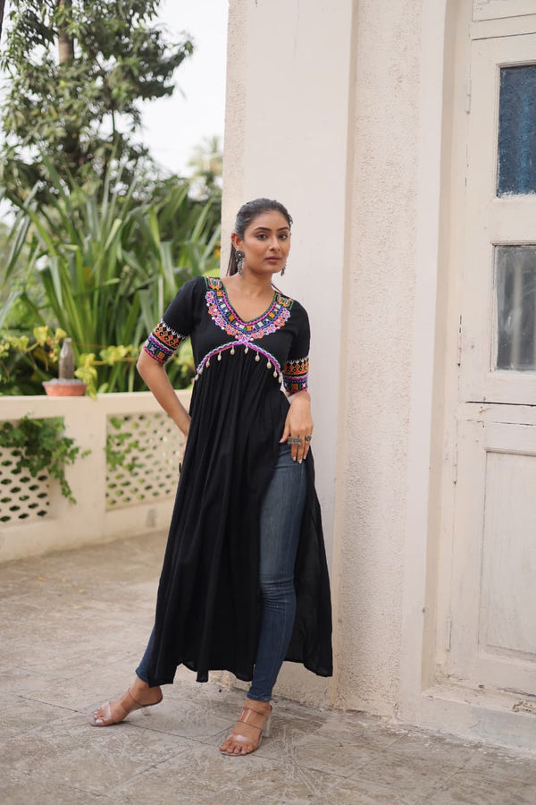 Prazu Fashion Black Rayon With Kutchi Gamthi Work Navratri Kurti