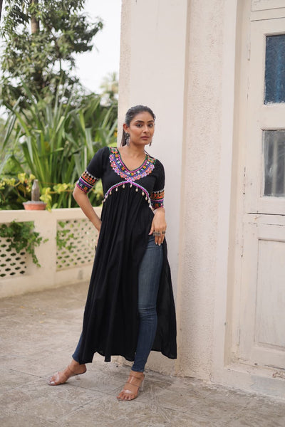 Prazu Fashion Black Rayon With Kutchi Gamthi Work Navratri Kurti