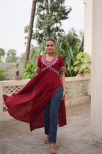 Thumbnail for Prazu Fashion Maroon Rayon With Kutchi Gamthi Work Navratri Kurti