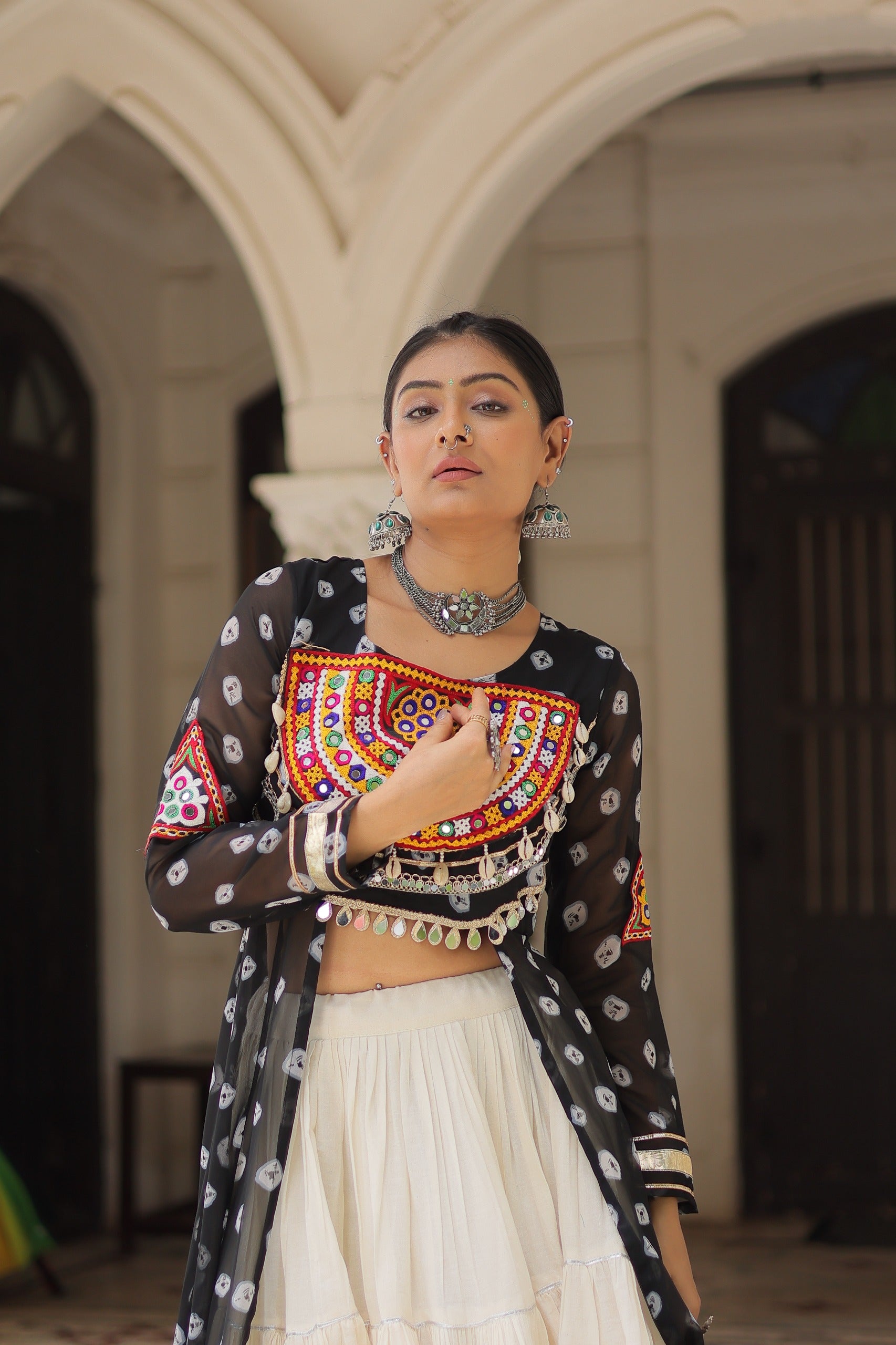 Prazu Fashion Black Georgette Bandhani Print With Kutchi Patchwork Navratri Lehenga Kurti