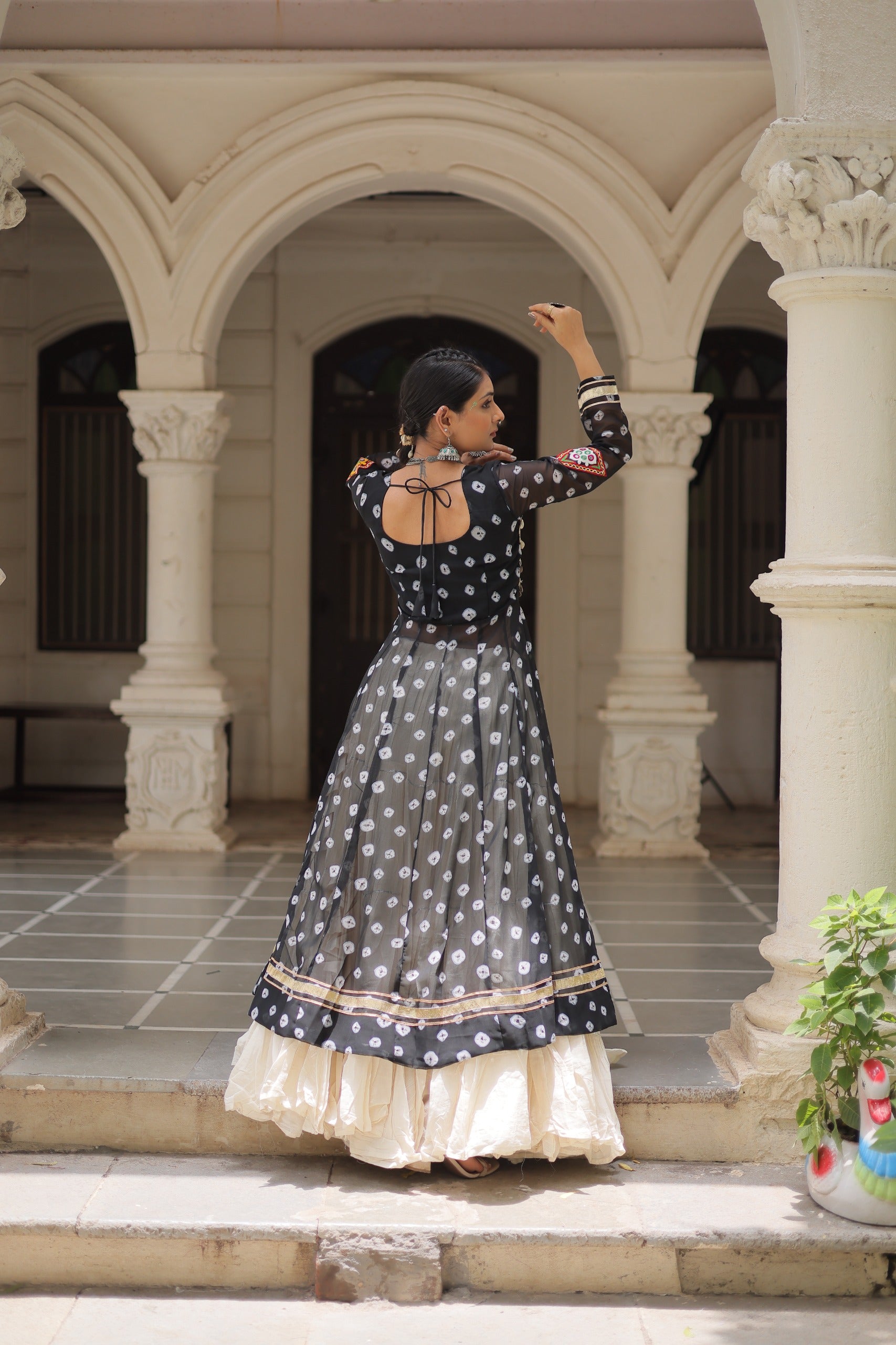 Prazu Fashion Black Georgette Bandhani Print With Kutchi Patchwork Navratri Lehenga Kurti