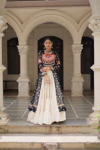 Prazu Fashion Black Georgette Bandhani Print With Kutchi Patchwork Navratri Lehenga Kurti