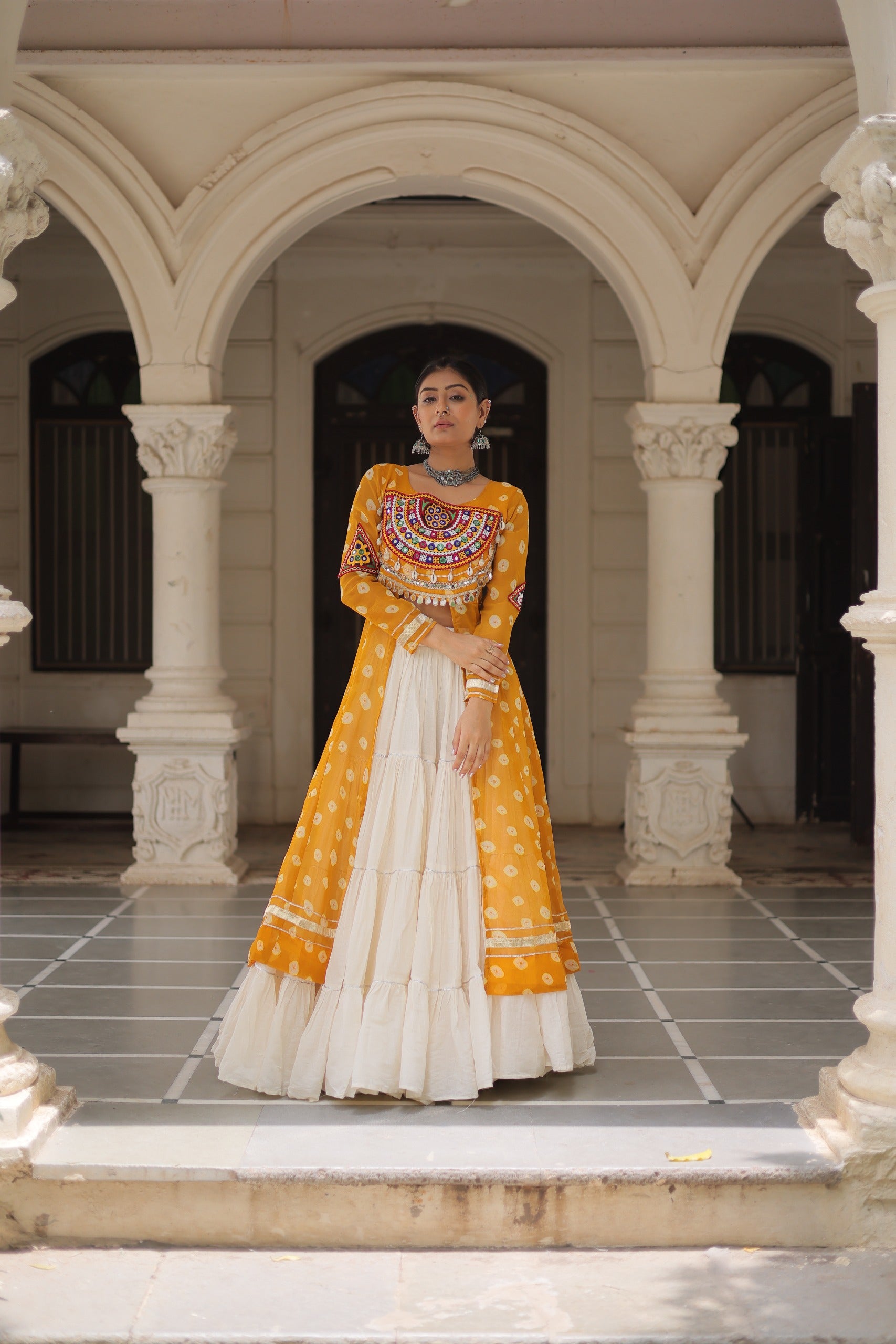 Prazu Fashion Yellow Georgette Bandhani Print With Kutchi Patchwork Navratri Lehenga Kurti