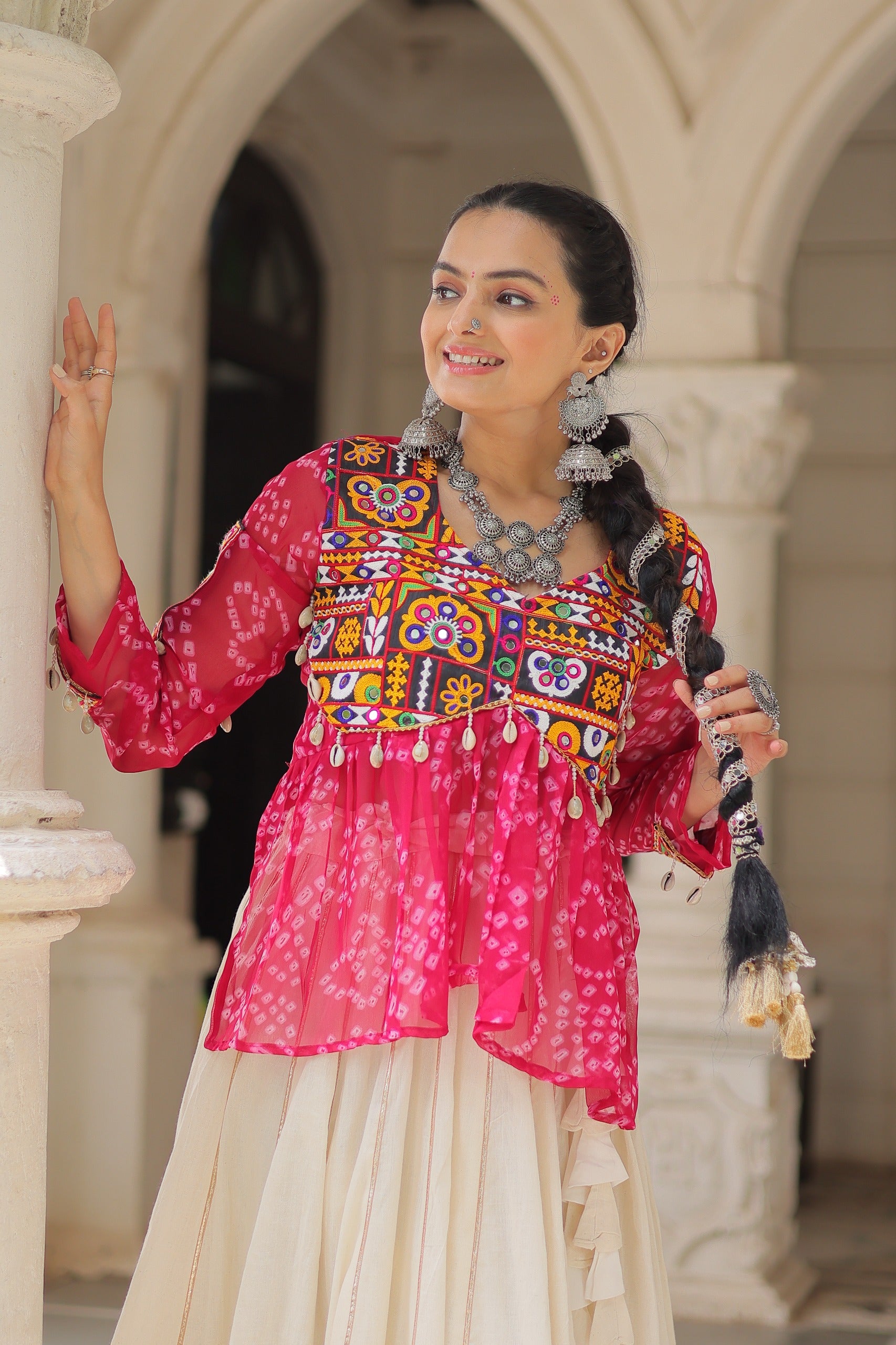 Prazu Fashion Pink Georgette Bandhani Print With Kutchi Gamthi Navratri Lehenga