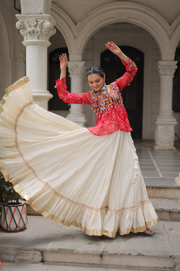 Prazu Fashion Red Georgette Bandhani Print With Kutchi Gamthi Navratri Lehenga