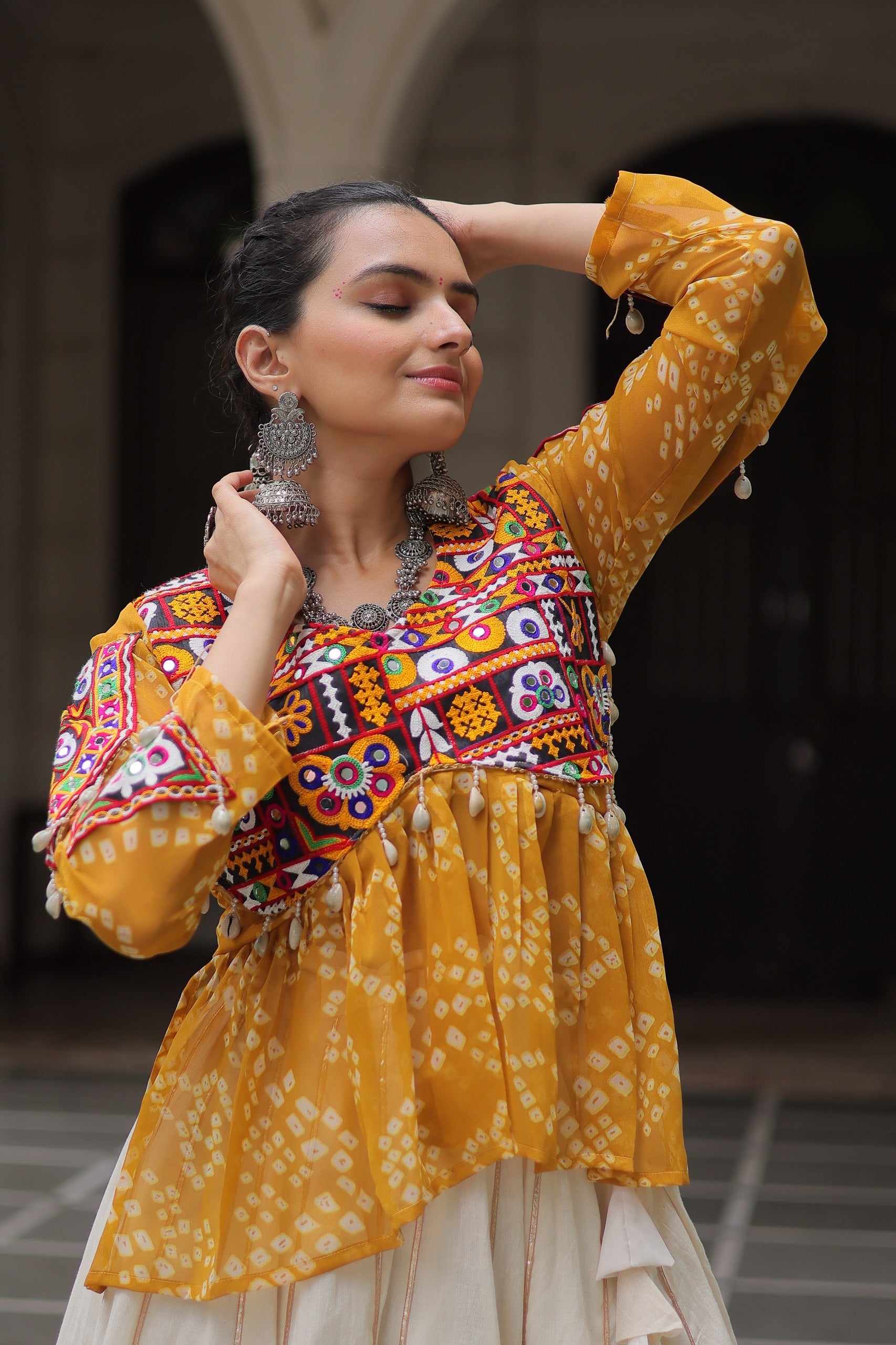 Prazu Fashion Yellow Georgette Bandhani Print With Kutchi Gamthi Navratri Lehenga