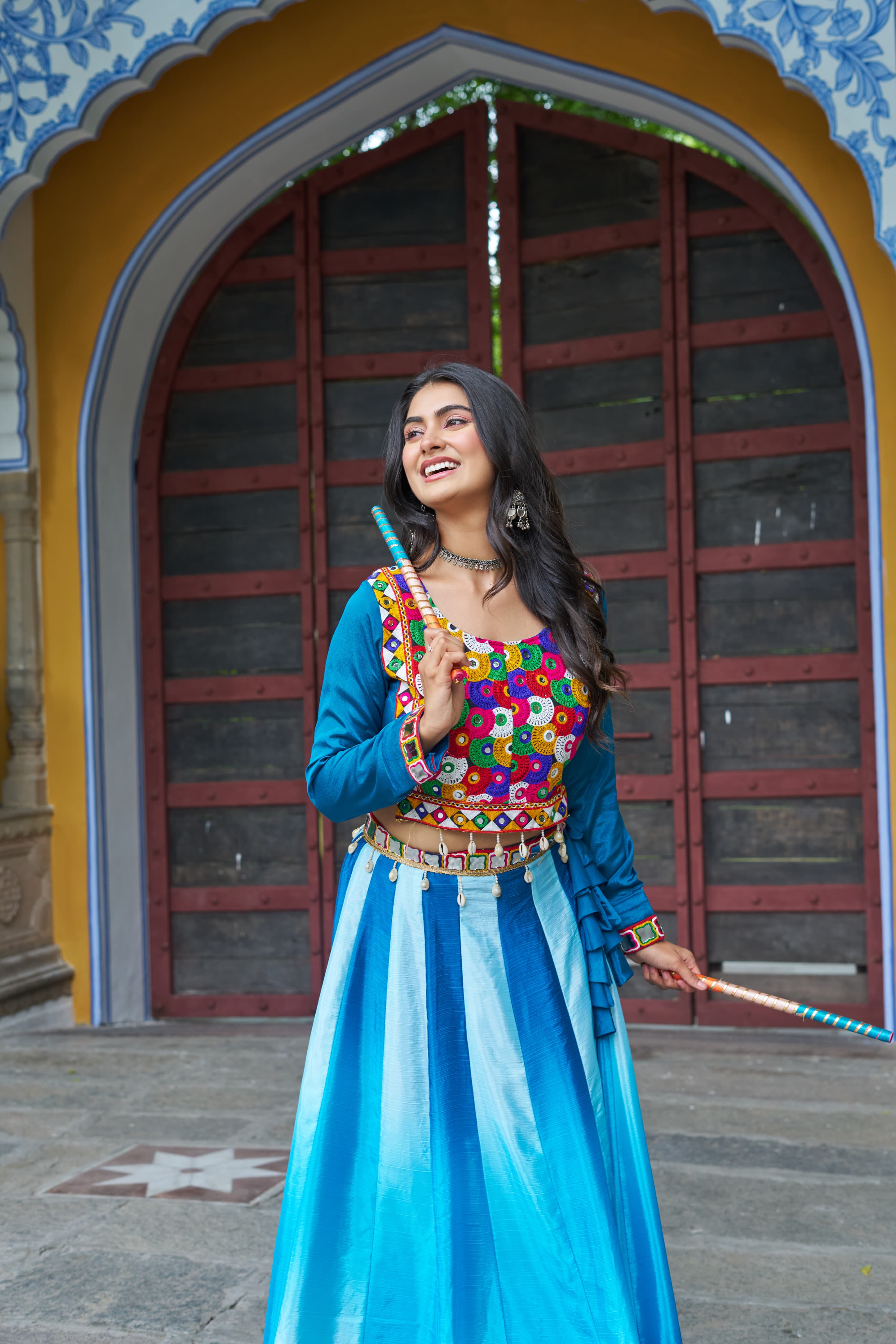 Prazu Fashion Multicolor Chinnon Pedding Kutchi Gamthi Embroidered Work Navratri Lehenga