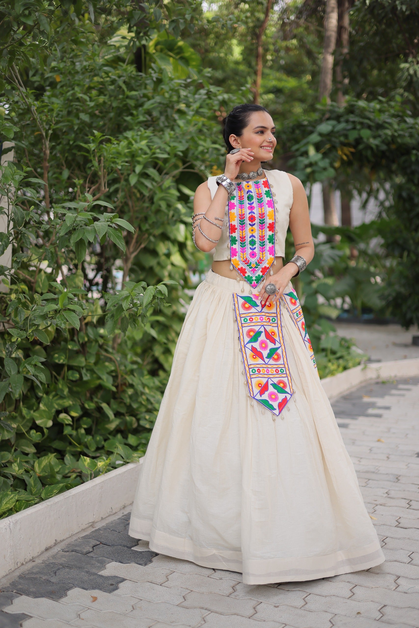 Prazu Fashion Off White Kora Cotton With Kutchi Gamthi Work Lehenga For Navratri