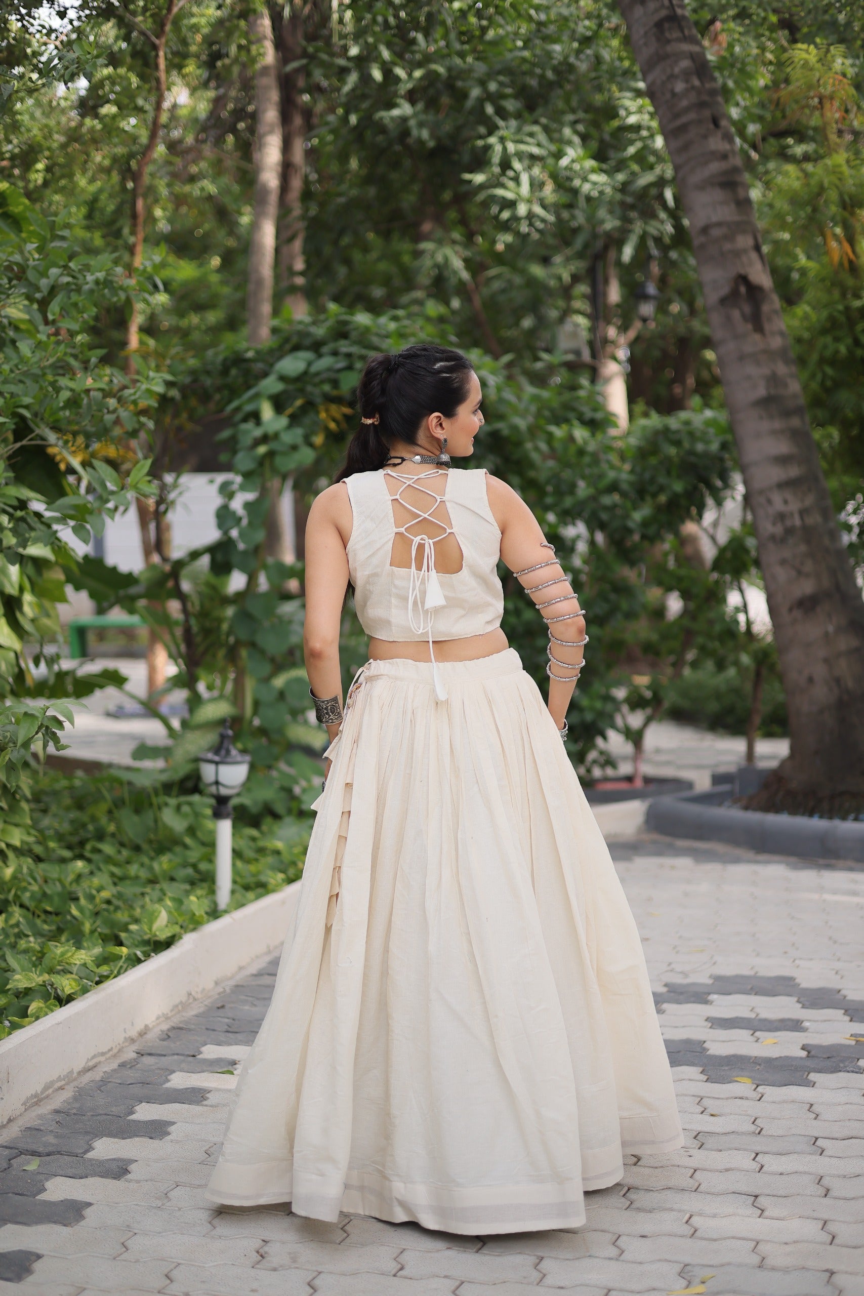 Prazu Fashion Off White Kora Cotton With Kutchi Gamthi Work Lehenga For Navratri