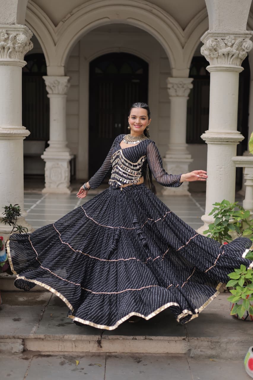 Prazu Fashion Black Georgette Leheriya Print Work With Mirror Lace Navratri Lehenga