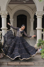 Thumbnail for Prazu Fashion Black Georgette Leheriya Print Work With Mirror Lace Navratri Lehenga