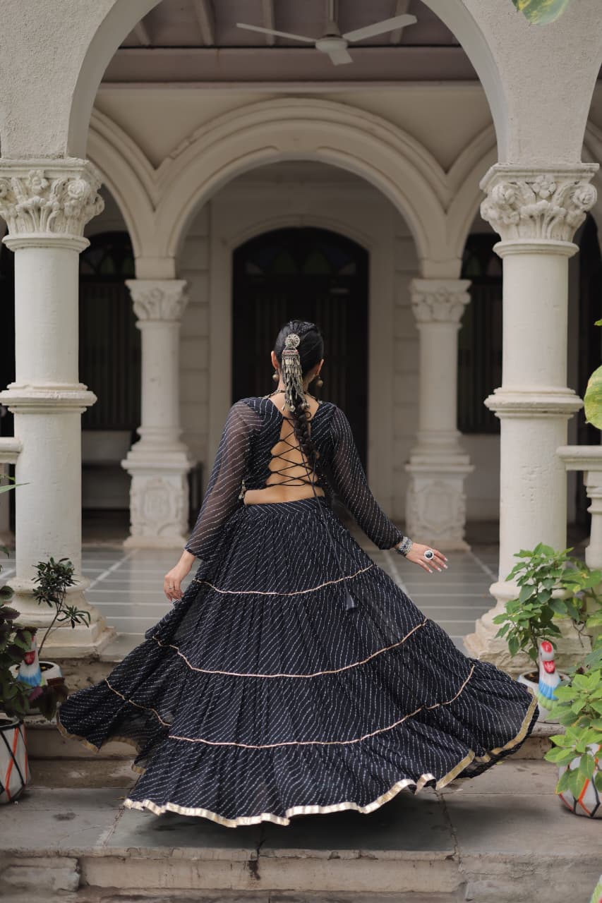 Prazu Fashion Black Georgette Leheriya Print Work With Mirror Lace Navratri Lehenga