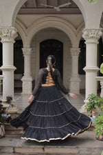 Thumbnail for Prazu Fashion Black Georgette Leheriya Print Work With Mirror Lace Navratri Lehenga
