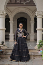 Thumbnail for Prazu Fashion Black Georgette Leheriya Print Work With Mirror Lace Navratri Lehenga