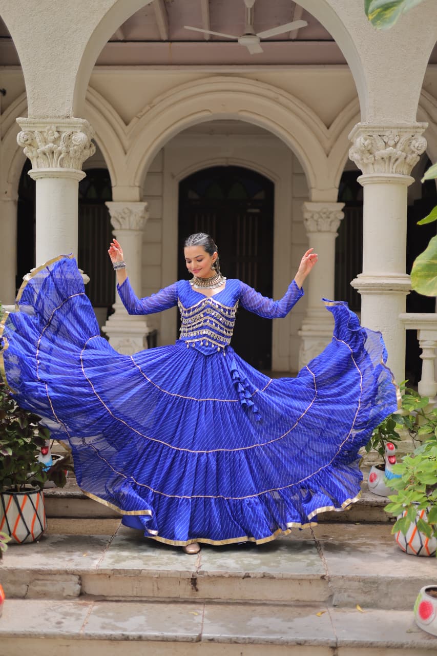 Prazu Fashion Blue Georgette Leheriya Print Work With Mirror Lace Navratri Lehenga