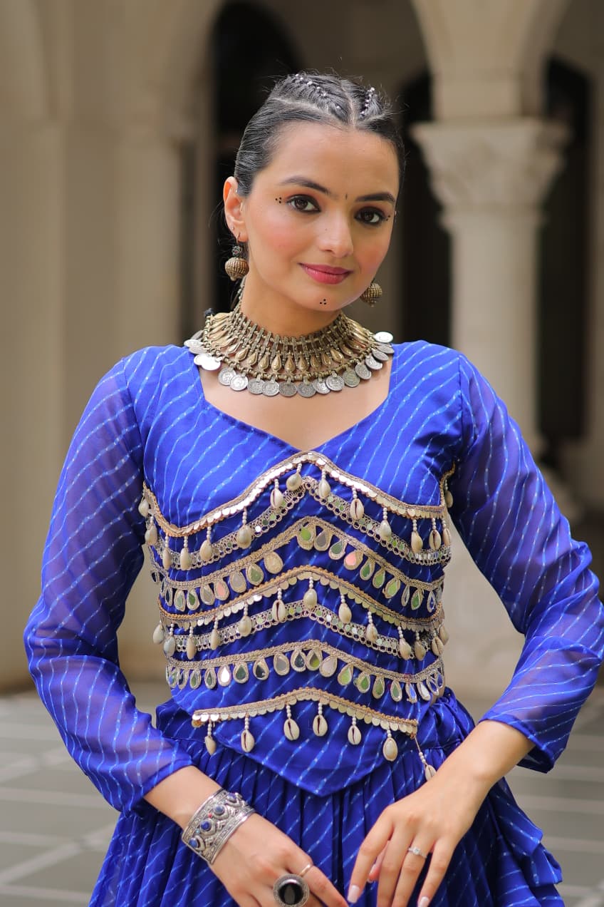 Prazu Fashion Blue Georgette Leheriya Print Work With Mirror Lace Navratri Lehenga