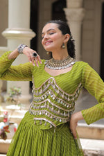 Thumbnail for Prazu Fashion Mehendi Georgette Leheriya Print Work With Mirror Lace Navratri Lehenga