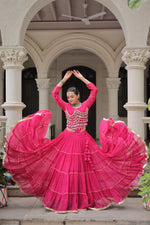 Thumbnail for Prazu Fashion Pink Georgette Leheriya Print Work With Mirror Lace Navratri Lehenga