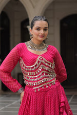 Thumbnail for Prazu Fashion Pink Georgette Leheriya Print Work With Mirror Lace Navratri Lehenga