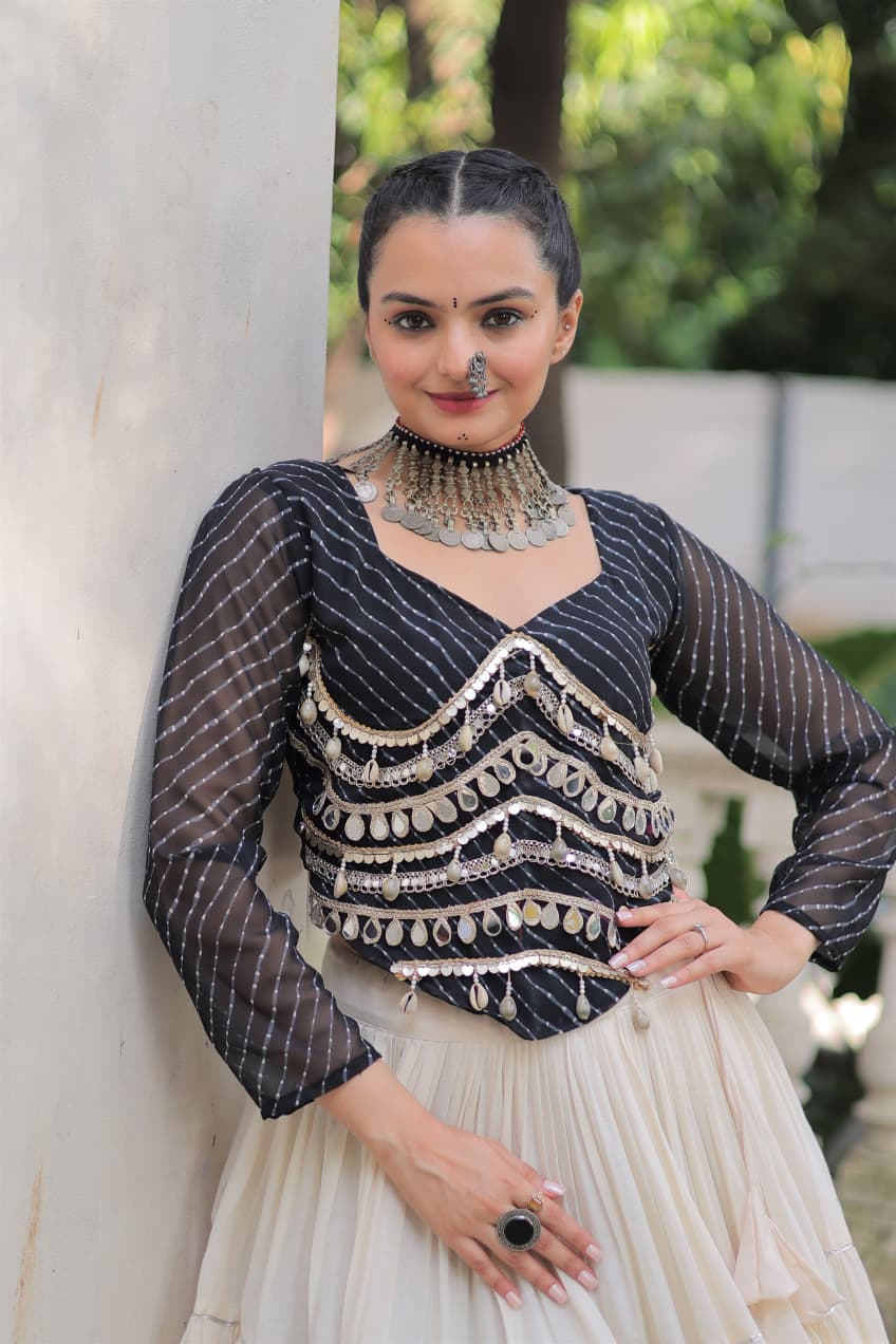 Prazu Fashion Black Georgette Leheriya Print With Attractive Mirror Lace Navaratri Lehenga