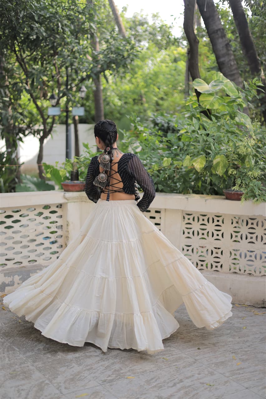 Prazu Fashion Black Georgette Leheriya Print With Attractive Mirror Lace Navaratri Lehenga