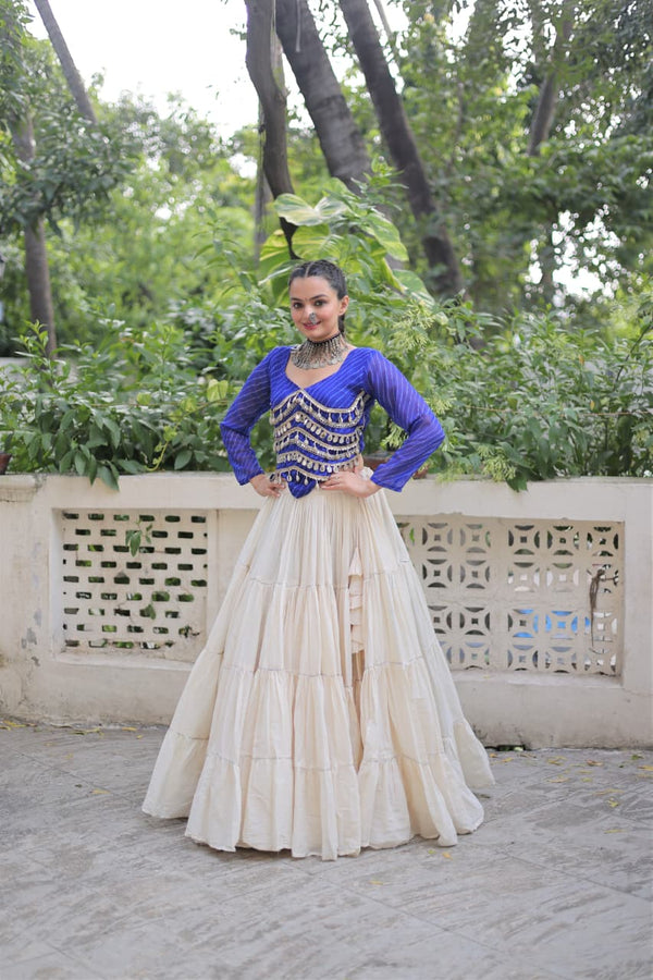 Prazu Fashion Blue Georgette Leheriya Print With Attractive Mirror Lace Navaratri Lehenga