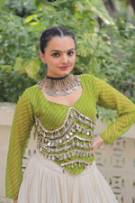 Thumbnail for Prazu Fashion Mehndi Georgette Leheriya Print With Attractive Mirror Lace Navaratri Lehenga