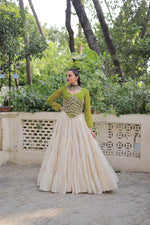 Thumbnail for Prazu Fashion Mehndi Georgette Leheriya Print With Attractive Mirror Lace Navaratri Lehenga