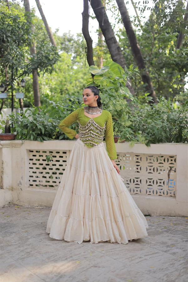 Prazu Fashion Mehndi Georgette Leheriya Print With Attractive Mirror Lace Navaratri Lehenga