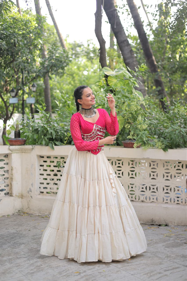 Prazu Fashion Pink Georgette Leheriya Print With Attractive Mirror Lace Navaratri Lehenga