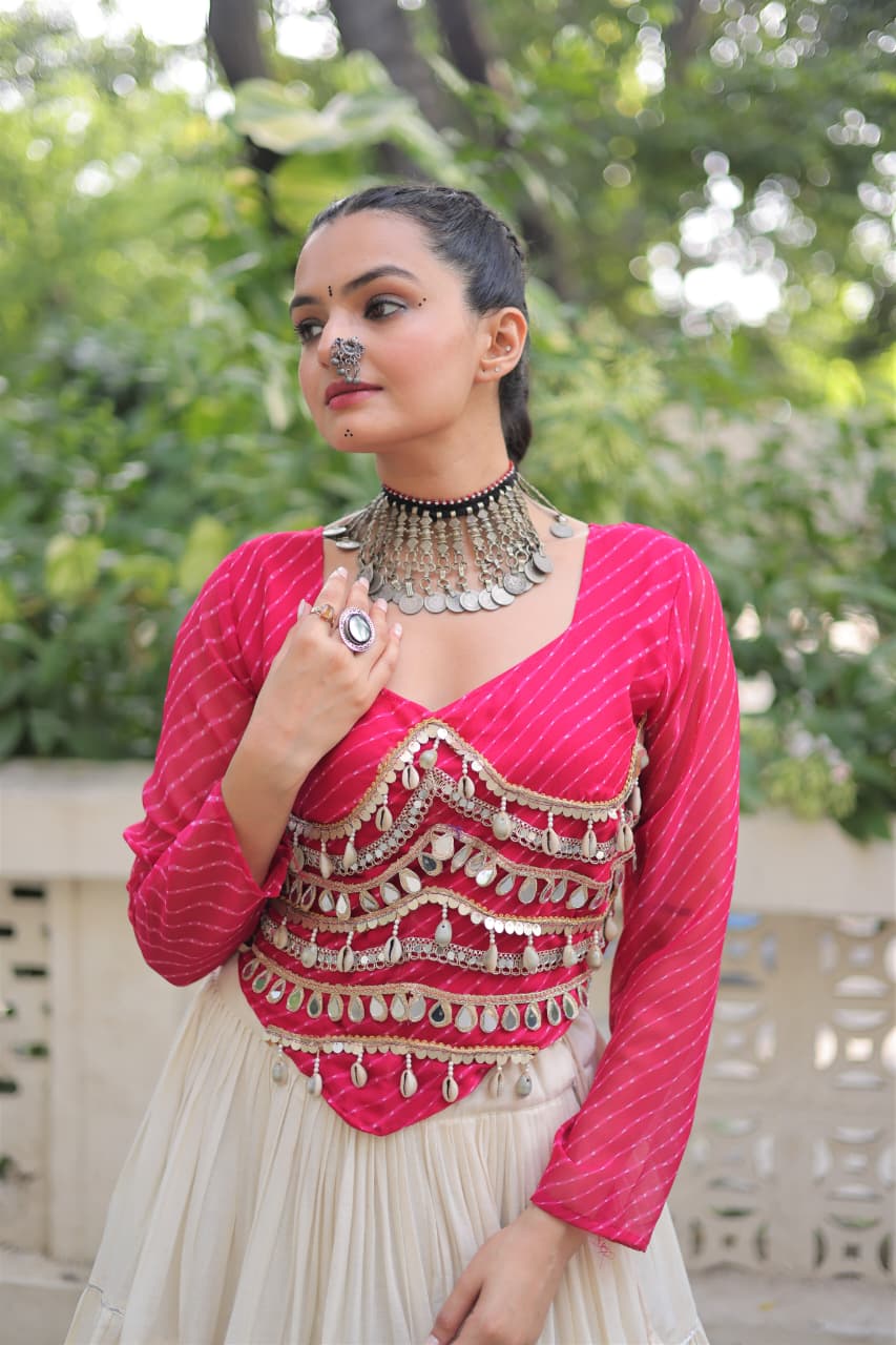 Prazu Fashion Pink Georgette Leheriya Print With Attractive Mirror Lace Navaratri Lehenga