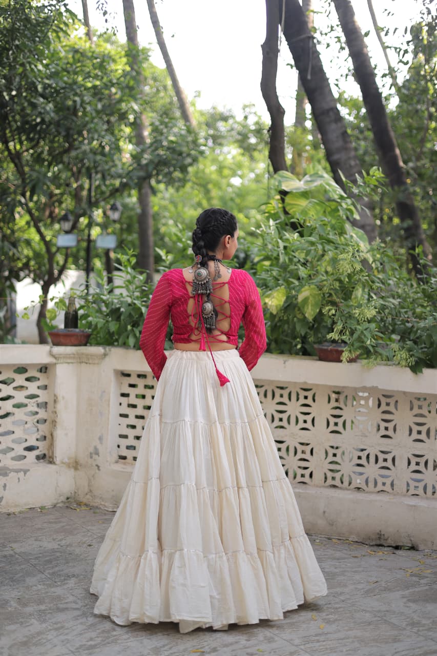 Prazu Fashion Pink Georgette Leheriya Print With Attractive Mirror Lace Navaratri Lehenga