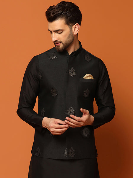 Kisah Men Black Embroidered Nehru Jacket - Distacart
