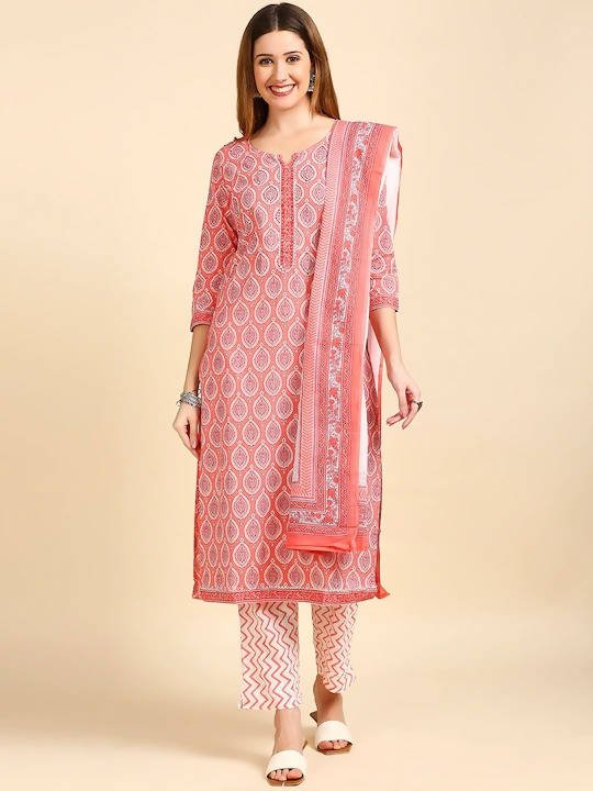 Anubhutee Pink & White Printed Kurta with Trousers & Dupatta - Distacart