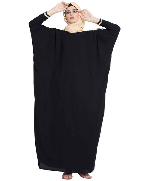 Bashariya Elegant Kaftan Abaya In Free Size With Contrast Detailings-Black
