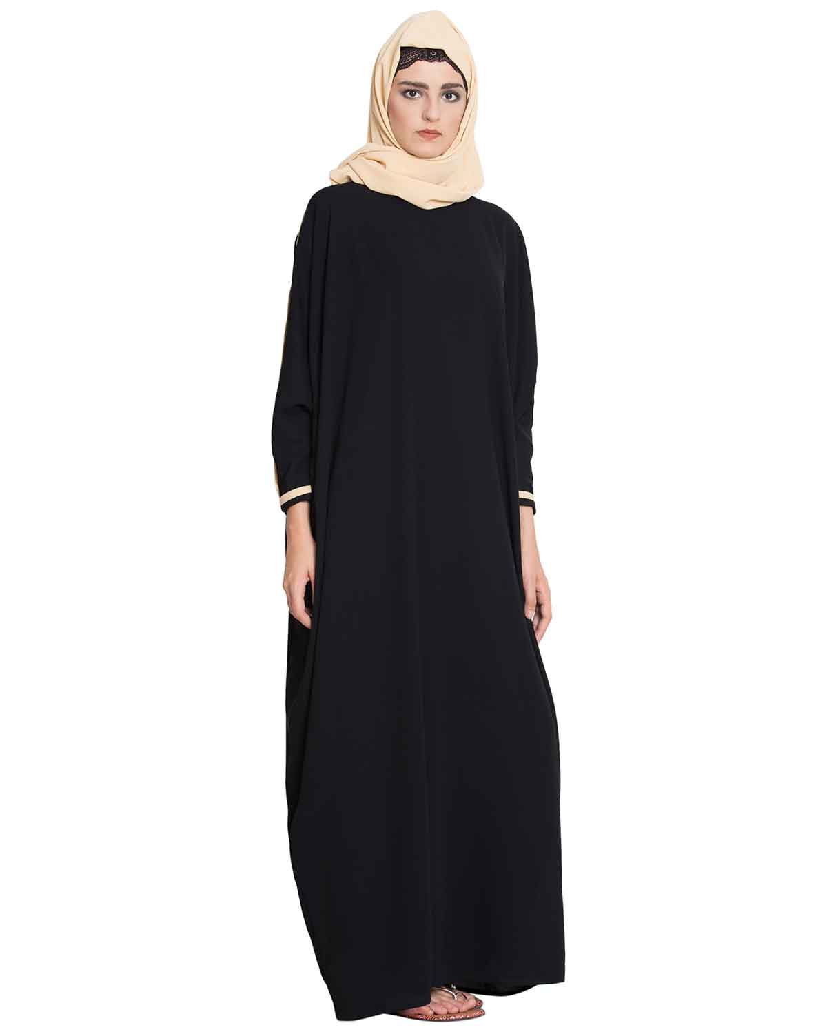 Bashariya Elegant Kaftan Abaya In Free Size With Contrast Detailings-Black