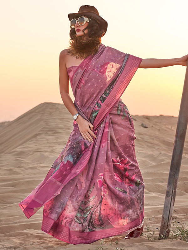 NOZ2TOZ Women's Linen Burgundy Printed Designer Saree With Blouse Piece - Distacart