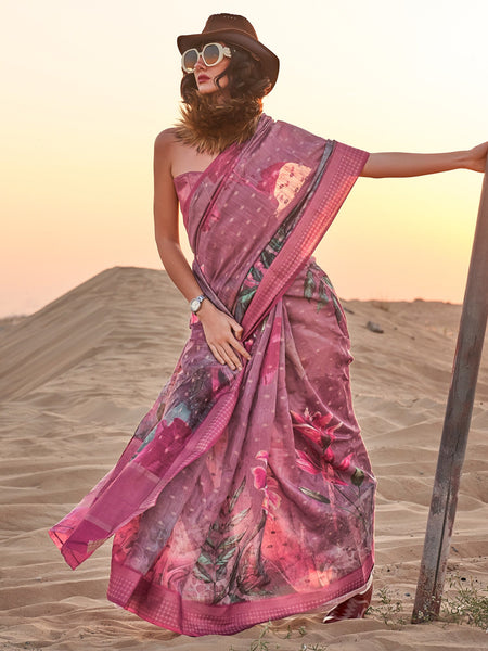 NOZ2TOZ Women's Linen Burgundy Printed Designer Saree With Blouse Piece - Distacart