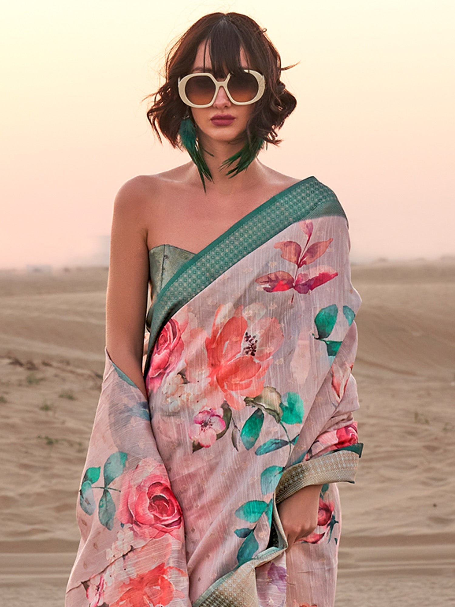 NOZ2TOZ Women's Linen Cream Printed Designer Saree With Blouse Piece - Distacart