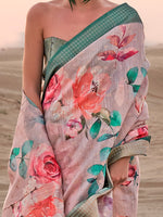 Thumbnail for NOZ2TOZ Women's Linen Cream Printed Designer Saree With Blouse Piece - Distacart
