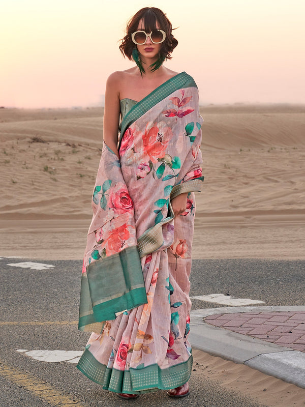 NOZ2TOZ Women's Linen Cream Printed Designer Saree With Blouse Piece - Distacart