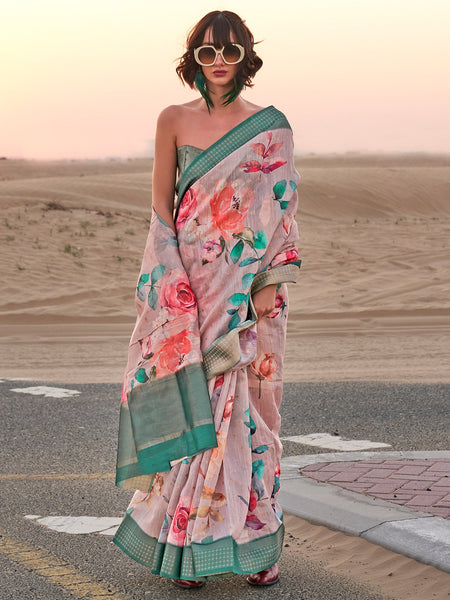 NOZ2TOZ Women's Linen Cream Printed Designer Saree With Blouse Piece - Distacart