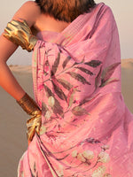 Thumbnail for NOZ2TOZ Women's Linen Pink Printed Designer Saree With Blouse Piece - Distacart