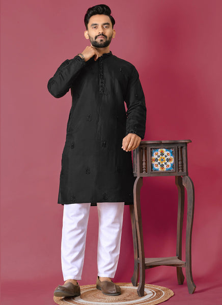 Prazu Fashion Black Roman Silk Handwork Kurta With Pajama