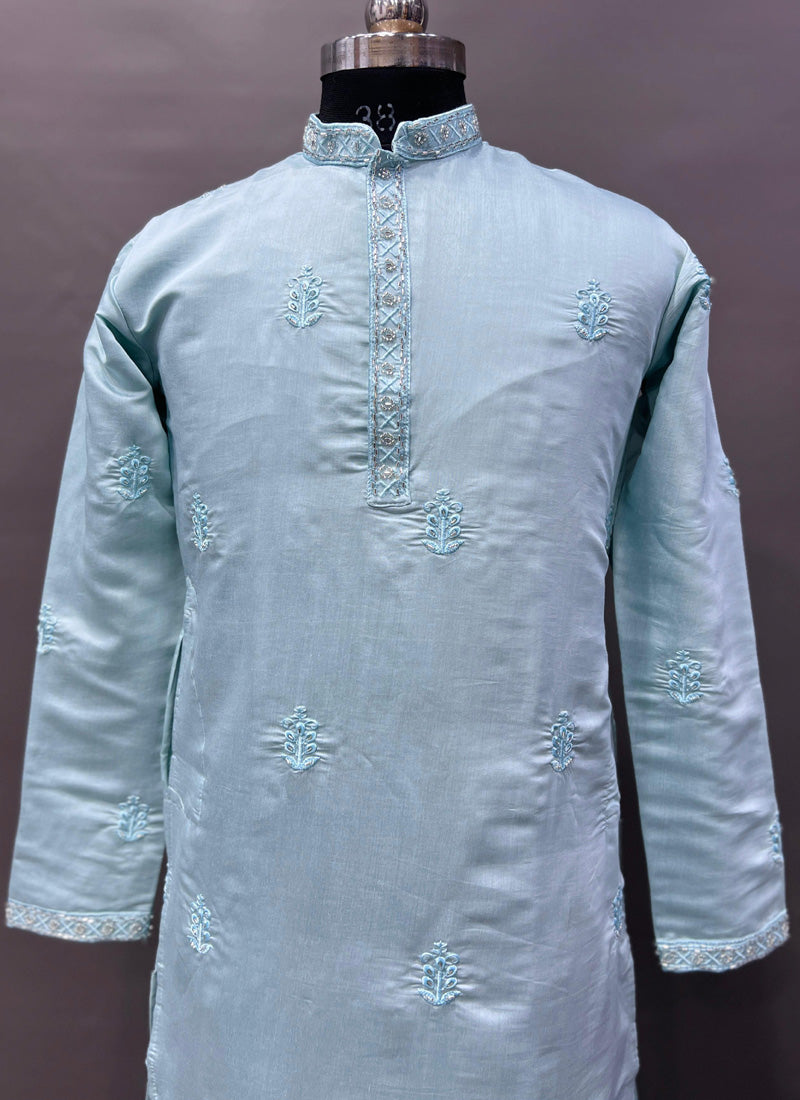Prazu Fashion Sky Blue Roman Silk Handwork Kurta With Pajama