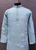 Thumbnail for Prazu Fashion Sky Blue Roman Silk Handwork Kurta With Pajama
