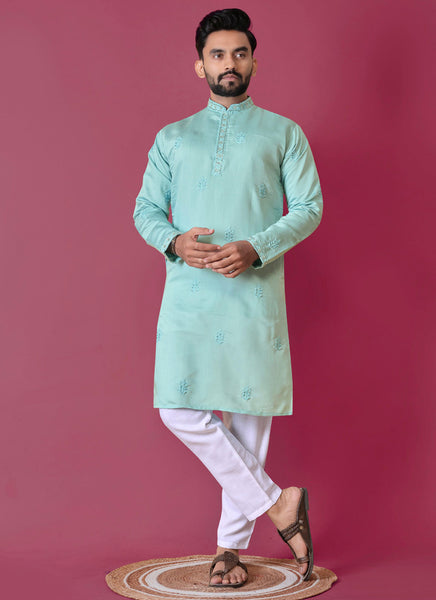 Prazu Fashion Sky Blue Roman Silk Handwork Kurta With Pajama